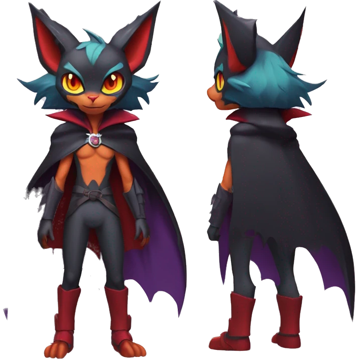  Anthro Kawaii Edgy Cool Vampiric Demonic Beautiful Noivern-Nargacuga-Litten with big Bat Ears and wearing a cape and collar full body emoji
