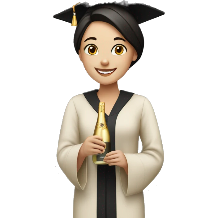 happy girl university graduate, with dark hair, fair skin, bottle of champagne in hands emoji