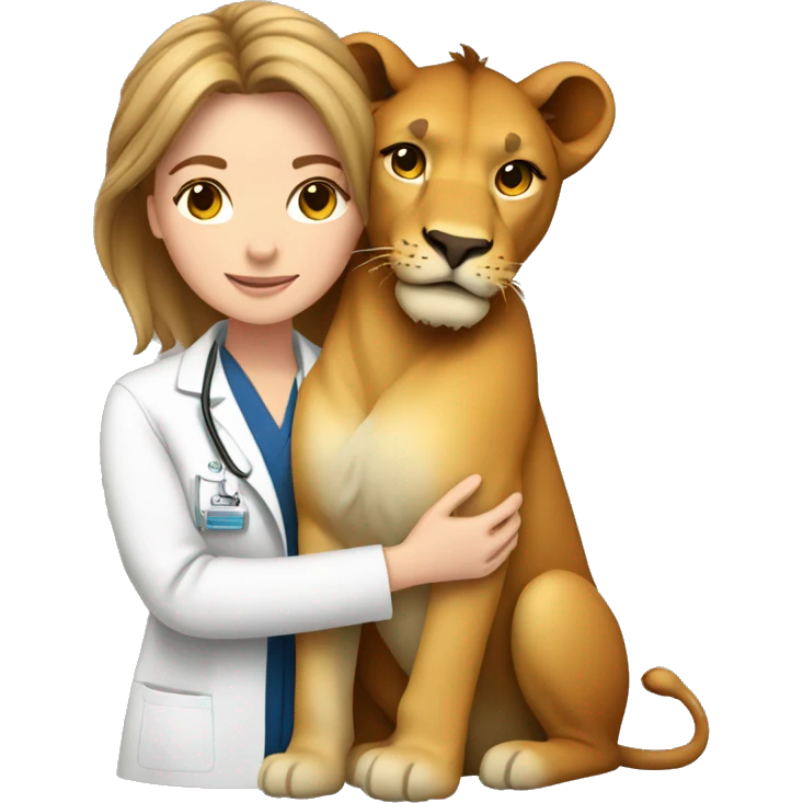 Female light brown hair veterinarian cuddling a lion emoji
