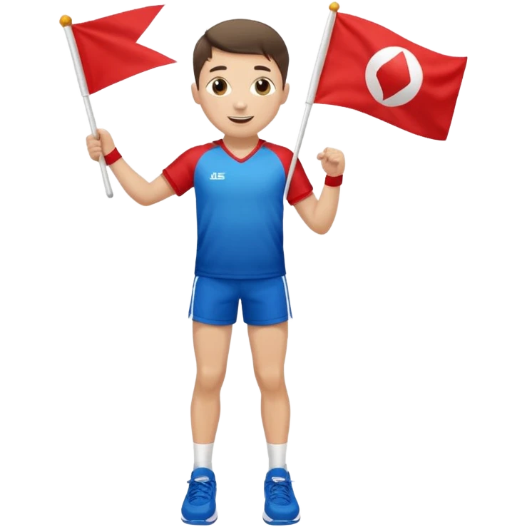 A boy in a jersey, excitedly lifting a small handheld flag and shorts with simple sport shoes emoji