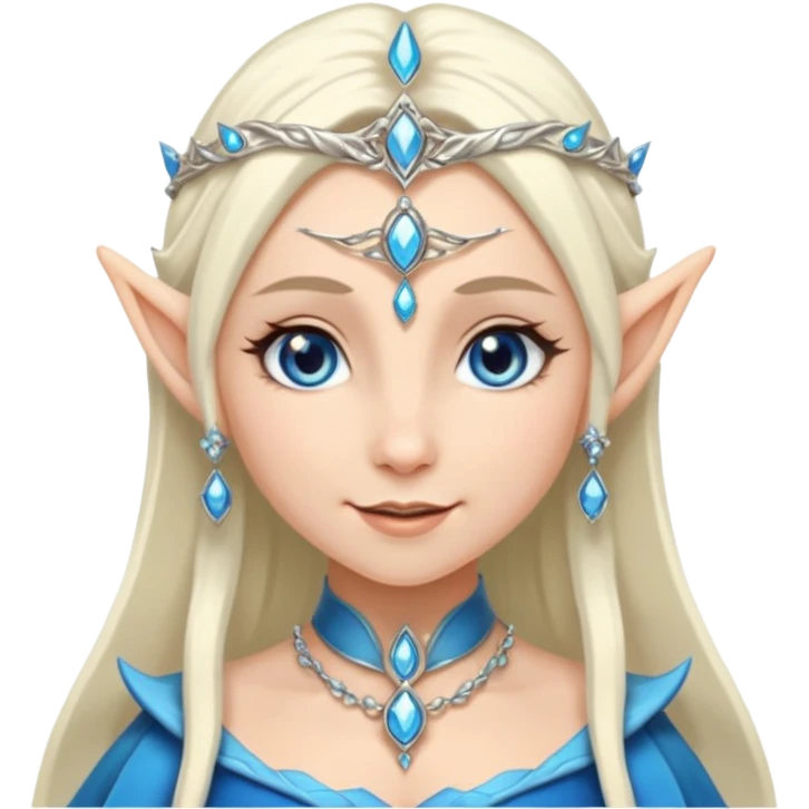 elf princess with pointy ears, white skin, silverblond hair with jewellery, blue eyes, gentle smile emoji
