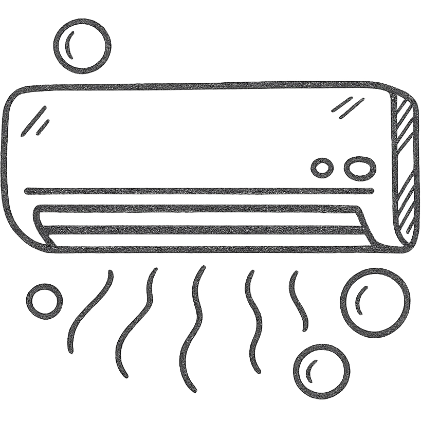 hand-drawn outlined icon of air conditioning cleaning, playful style, AC unit with bubbles emoji