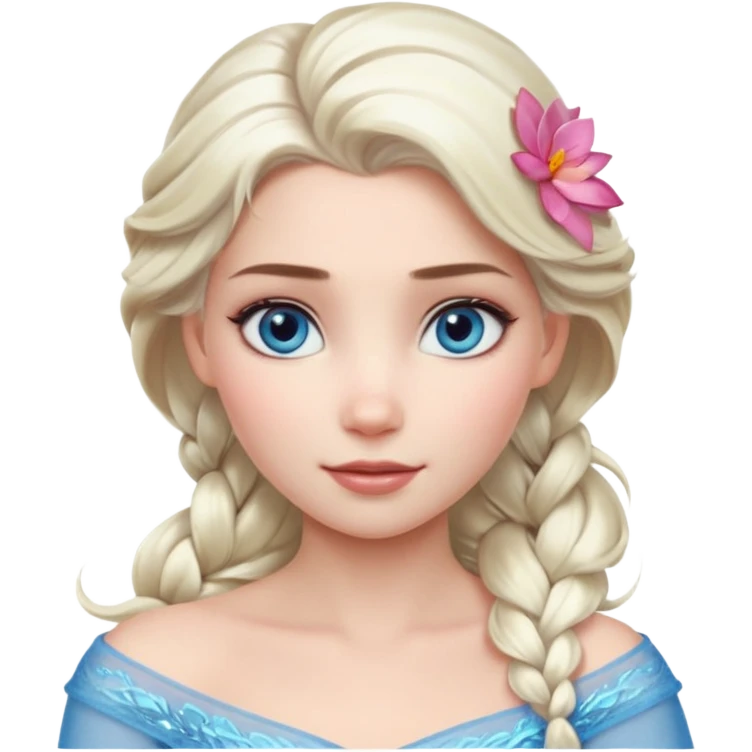Кинематографический реалистичный портрет Эльзы с реалистичной текстурой кожи, мягким естественным освещением и изящно детализированными платиново-русыми волосами Её  выразительные голубые глаза излучают уверенность, спокойное выражение. Портрет отличается мягким чарующим сиянием с прохладной emoji