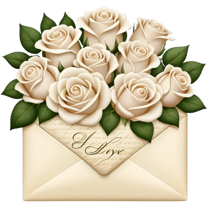 Ivory- beige colored love letter and a bouquet of white and pearl roses  emoji