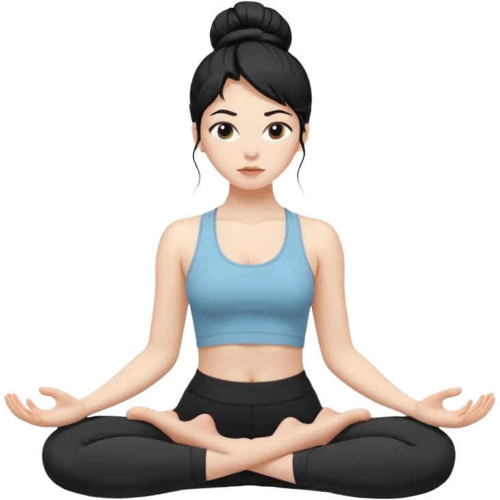 white girl with black long hair in a messy bun doing yoga emoji