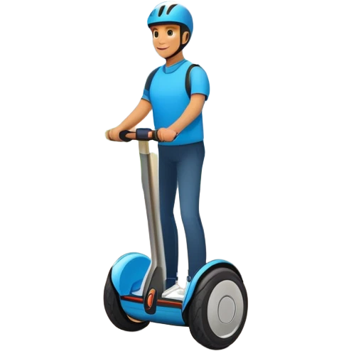 An icon featuring a person riding a Segway scooter along a smooth urban pathway. The background showcases a vibrant city with tall buildings, trees, and a bright blue sky. The rider glides effortlessly, highlighting the freedom and fun of Segway riding. Transparent background emoji