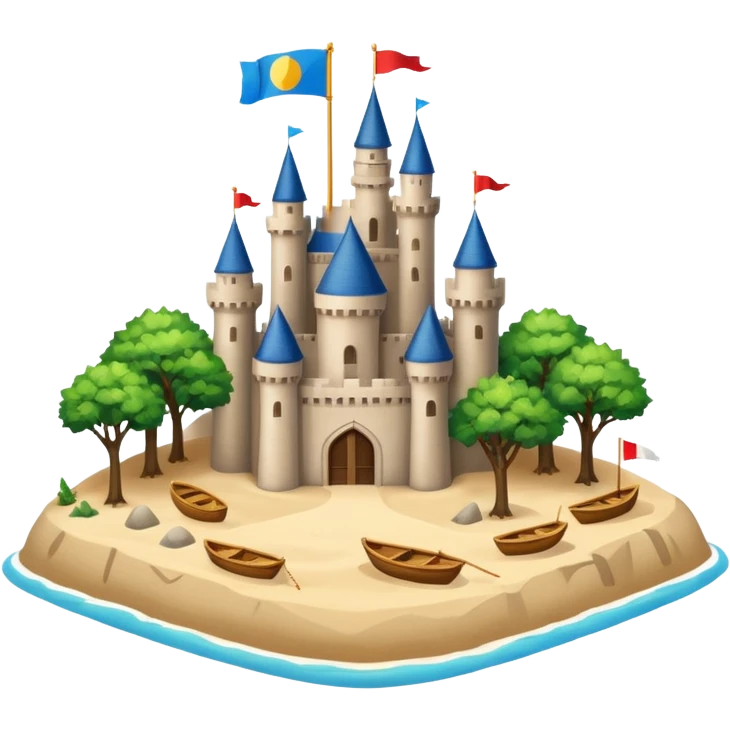 A huge island with trees boats and sand in the middle there is a huge beautiful castle emoji