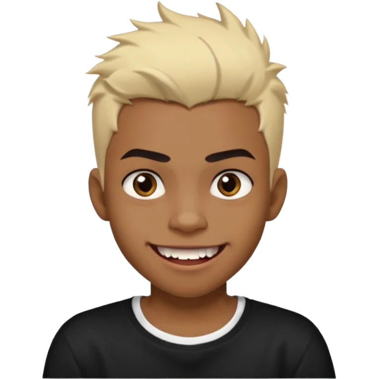 Black Male Teenager with Short punk messy blonde hair, Dark brown bushy eyebrows large expressive golden-brown eyes, wearing a plain white t-shirt, Dark Brown skin color. vampire tooth emoji