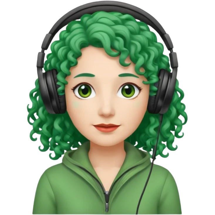 green haired earringed heaphone wearing middle aged woman very very curly long hair emoji