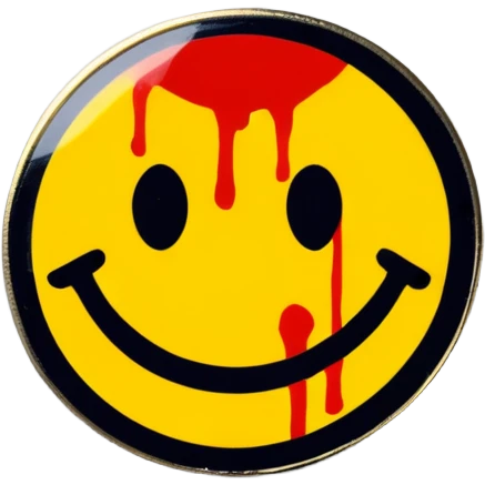 Yellow circular smiley face pin with a small red blood splatter on it emoji