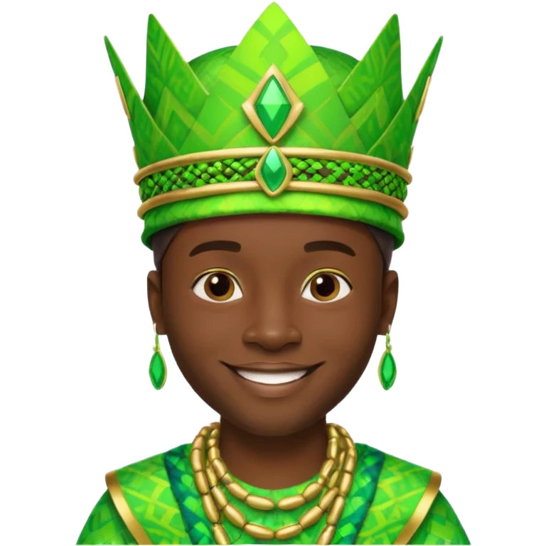 Create me an emoji of a cool Young Nigerian king wearing a neon green gradient African patterns with metallic "hula hat" (a Nigerian-inspired hat).  emoji