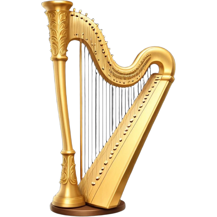 Cinematic Realistic Harp, a grand golden harp with intricately carved details, delicate strings shimmering under soft candlelight, rich wood tones adding warmth, a musician’s gentle fingers plucking a note, glowing with an ethereal and majestic aura. emoji