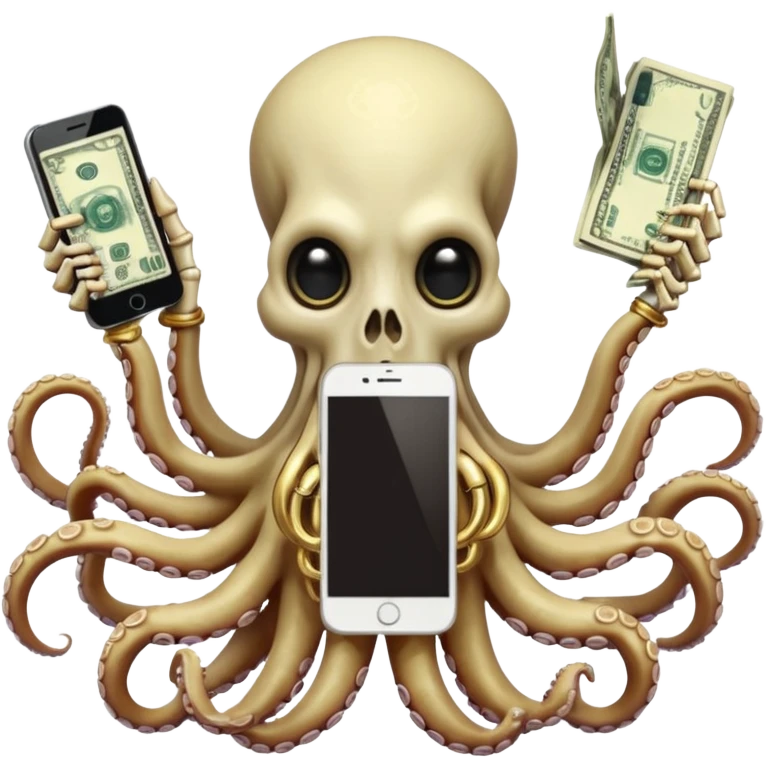 Intimidating octopus skeleton. Evil looking eyes, wearing a gold necklace. 3 tentacles are holding their own cellphone with one held to the side of its face as if its on a phone call, 2 other tentacles are holding stacks of money emoji