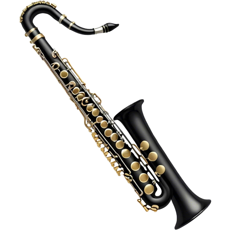 Create an elegant and detailed emoji representing a clarinet. The design should feature the sleek, black wood finish of the clarinet with its shiny metal keys clearly visible. Highlight the intricate details, such as the bell at the end and the carefully crafted mouthpiece with the reed. Use black wood tones for the body of the instrument and silver or brass accents for the keys. Add subtle musical notes or soundwaves floating around the instrument to evoke the smooth, melodic sound of the clarinet. The background should be transparent. emoji