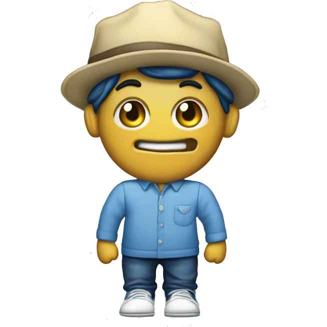 hormiga con unifrome de camisa blanca gorra azul y zapatos comodos con un celular en la emoji