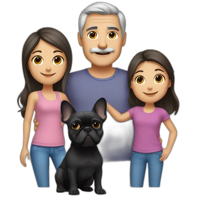 Family-of-four-father-without-mustache-mum-with-grey-hair-and-two-brunettes-daughters-with-long-hair-and-just-one-black-French-bulldog emoji