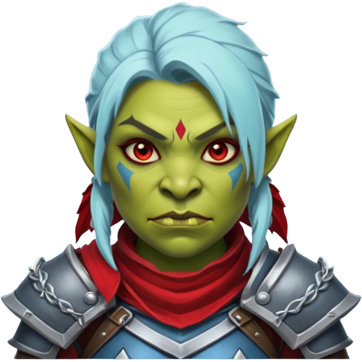Fantasy Christmas orc legion soldier icon, iron tundra army theme, heavy winter armor, disciplined brutal look, dark icy steel armor with bold crimson cloth and markings, cold blue shadows, high contrast, clean emoji portrait style, female variant emoji