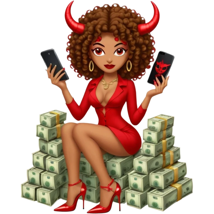 seductress evil brown curly haired sexy drug lord woman with clear glittery platform heels on her feet and devil red horns on her head, holding a stack of cash, has a phone in other hand emoji