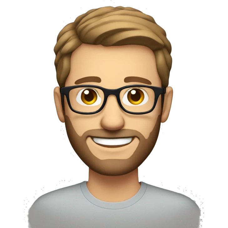 Caucasian man with short brown hair and short tight beard with wire rim glasses smiling emoji