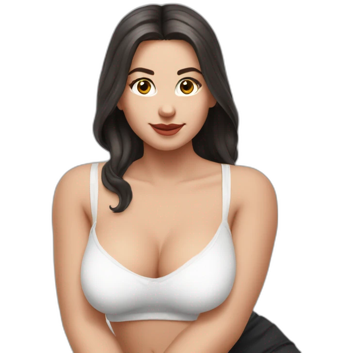 Front view full body curvy caucasian beauty sitting straight hands up black skirt white knickers white socks emoji
