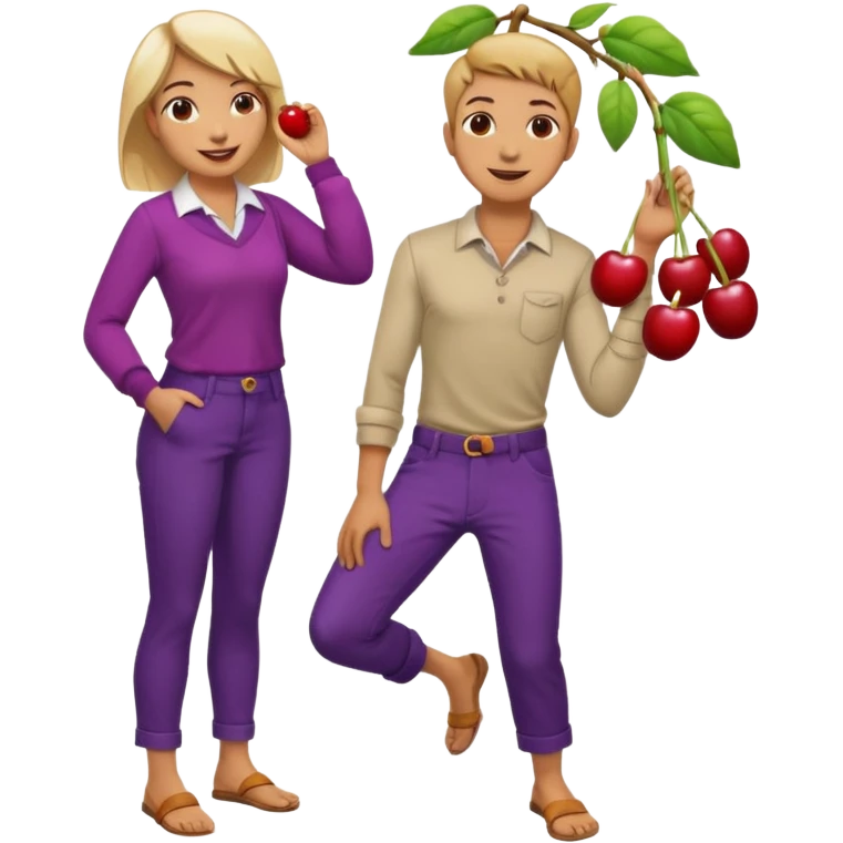 Can you merge the cherries 🍒 with 🍆 together they should hang on the body at the pocket part 🧍🏼. Together I also want to have this emoji 🧎🏻‍♀️‍➡️in front of me where she is looking at the cobbled together 🍒🍆 hanging on my pants emoji