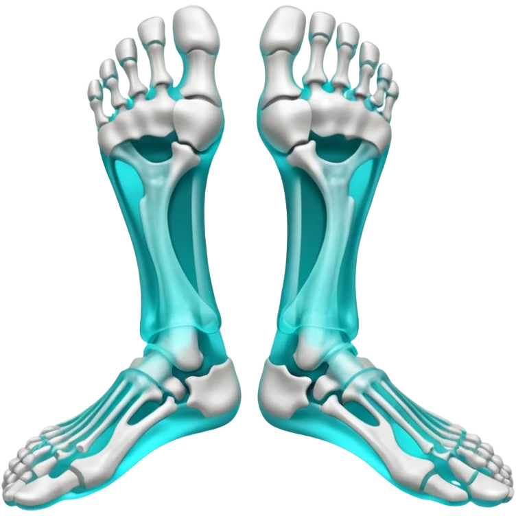 3D render of Foot Bones, X-Ray imaging aesthetic, translucent materials showing internal structure, top-down view of foot bones in cyan glow, medical scan style, emoji style, isolated on white background --v 6.0. emoji