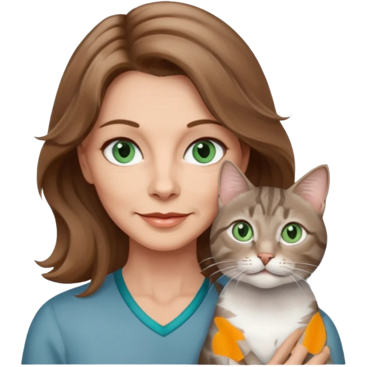 beautiful 50 yr old woman, wavy light brown hair, blue green eyes with one beautiful gray tabby cat  emoji