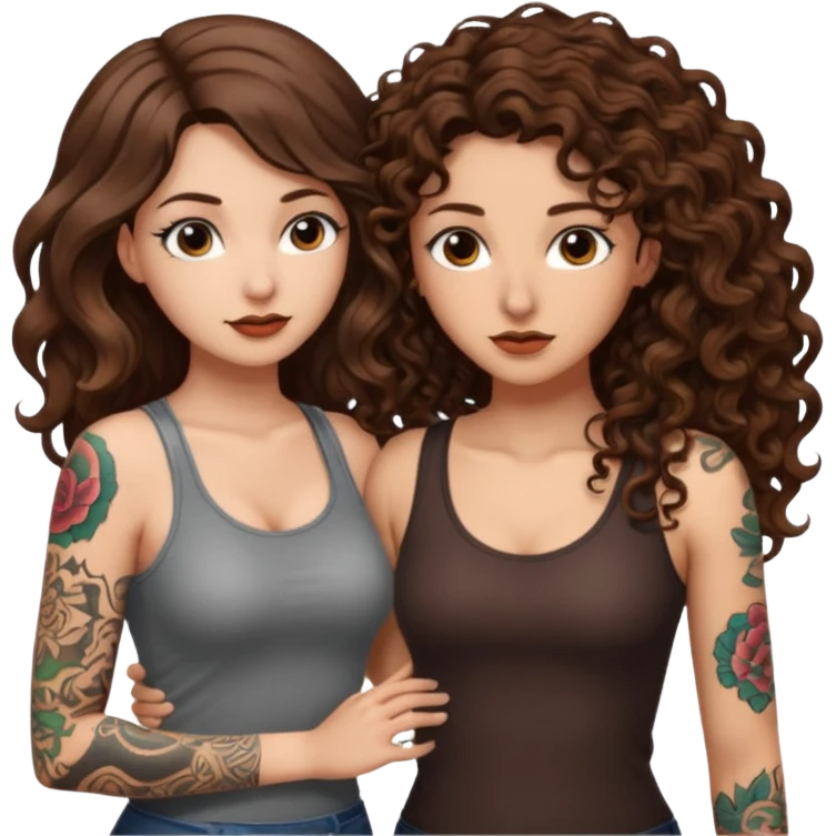 whisper plan — long wavy brown hair tattooed woman and short tight curly brown hair woman — leaning close plotting emoji