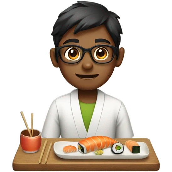 indian boy with glasses eating sushi emoji