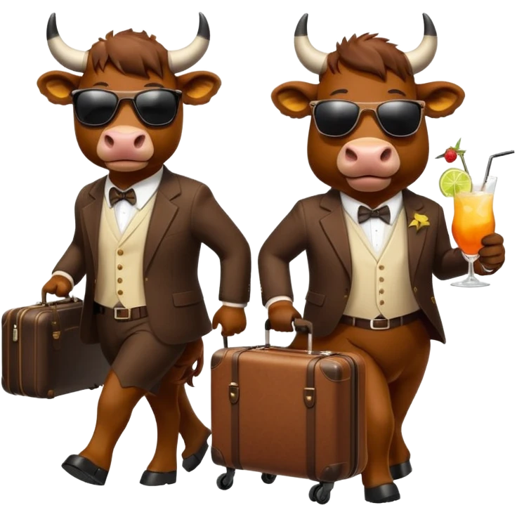 generate an emoji of a group of up to 8 male and female bulls travelling together on holidays. One bull has a suitcase, one has sunglasses, one is carrying a cocktail. They're all in motion, walking together. Make the characters look like bulls emoji