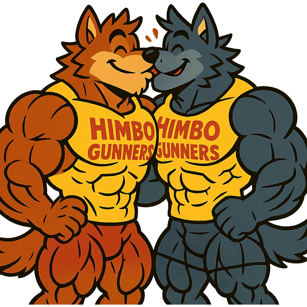 pair of ultra-muscular wolf furries wearing 'Himbo gunners' t-shirts, kissing, cheerful and energetic, very large, defined, and detailed muscles, ultra high quality emoji
