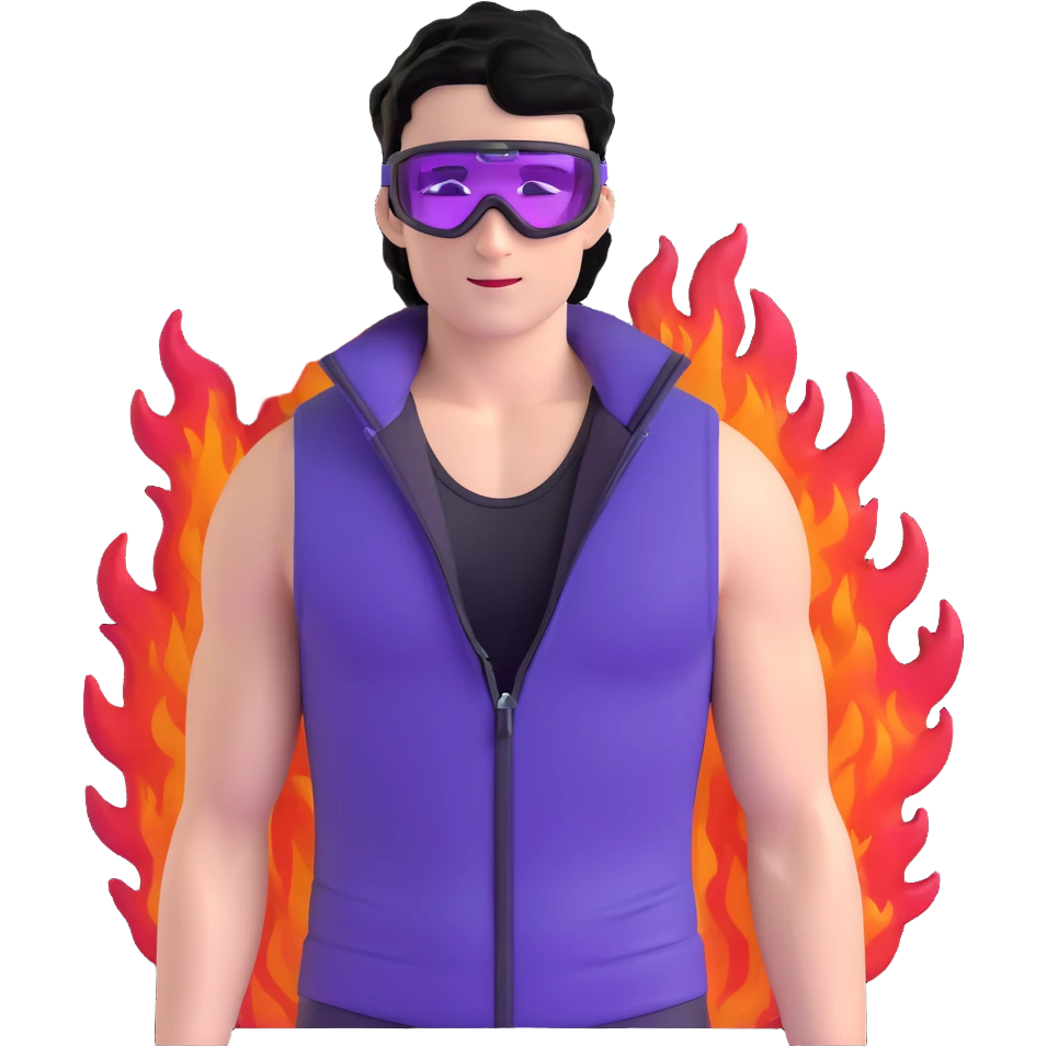 male athlete with white skin and moderately curly black hair on top with shaved sides, wearing ski goggles with purple frames and very dark black lenses, a simple plain black chain necklace, and a completely unzipped sleeveless vest with purple and black sequin fire pattern design, fully revealing his chest, shoulders and arms, no earrings emoji