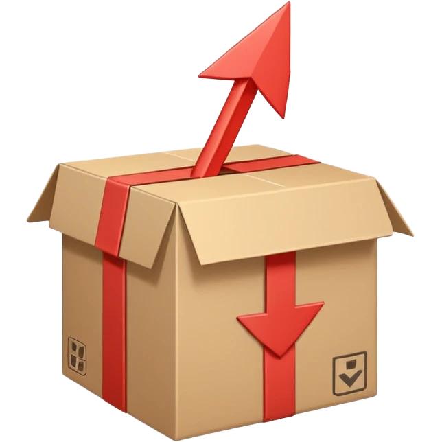 Minimal line-art icon of a shipping box with an arrow going up or a price tag, simple modern style, clean outlines, slightly 3D, no background, transparent, represents “reselling / e-commerce / flipping items” emoji