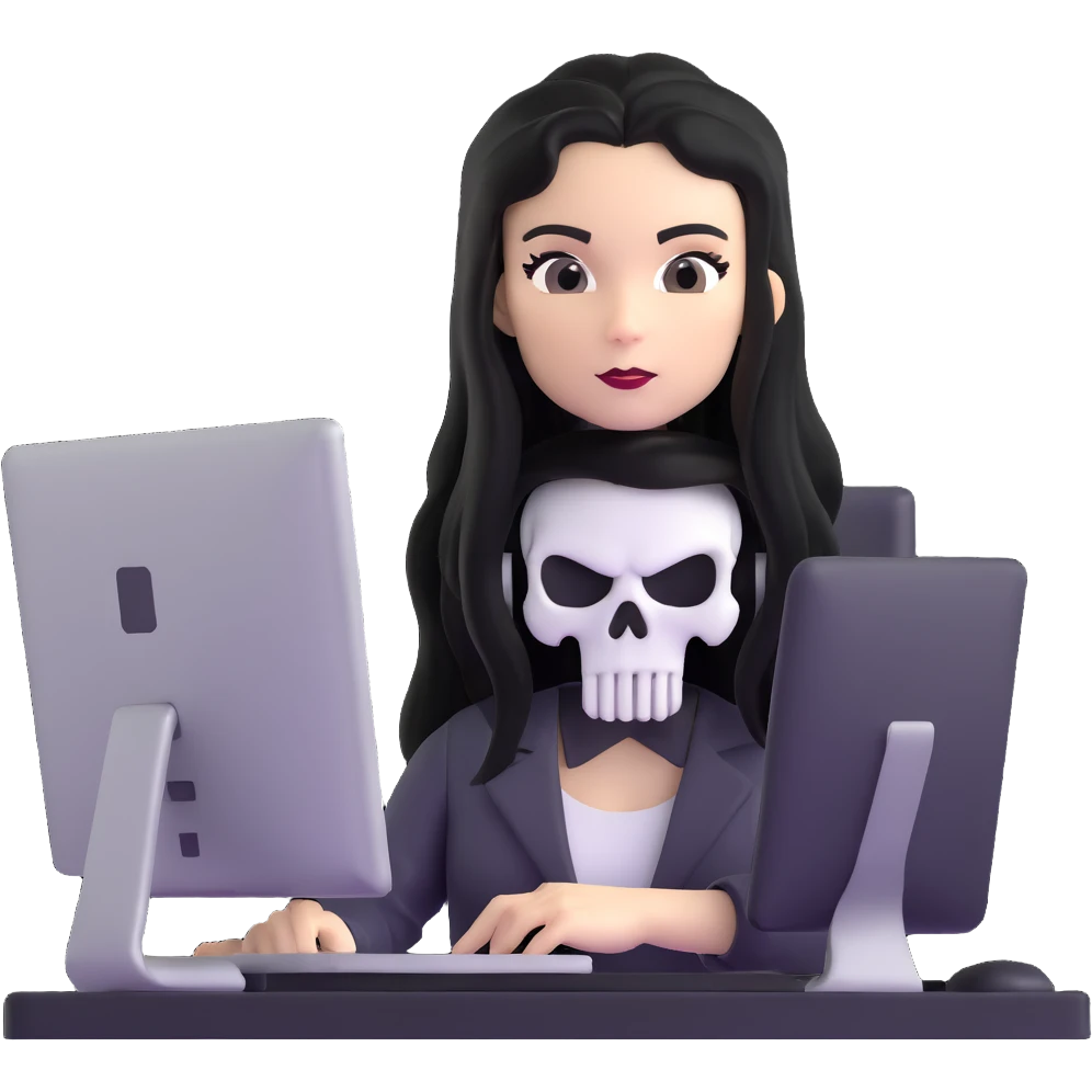 female Punisher skull character with long black hair working on computer emoji