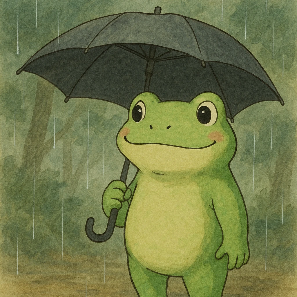 friendly frog holding an umbrella, ghibli style emoji