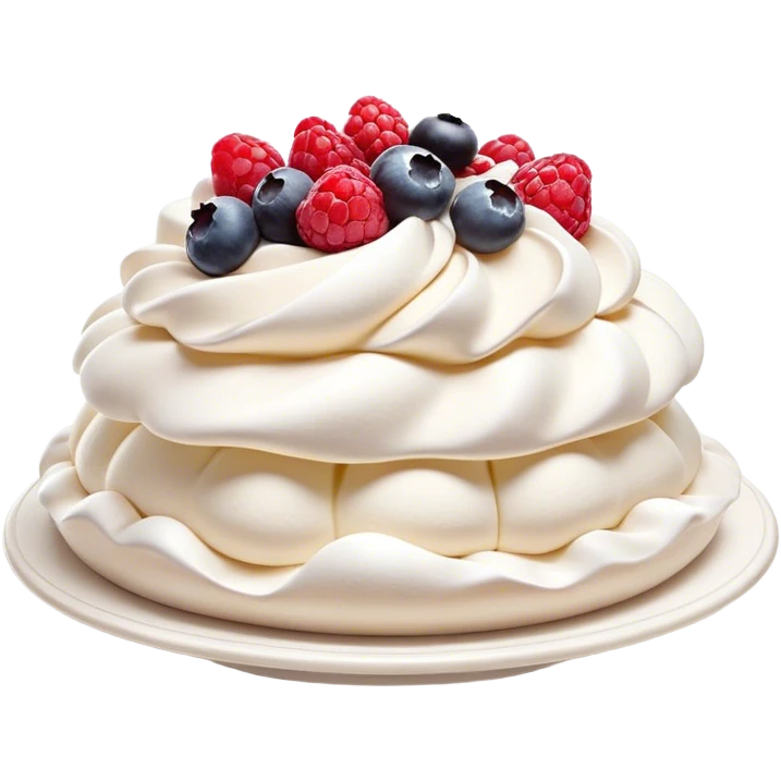 Cinematic Realistic Pavlova Dessert Emoji, showcasing a delicate meringue dessert topped with fresh fruit rendered with lifelike texture and soft natural lighting. emoji