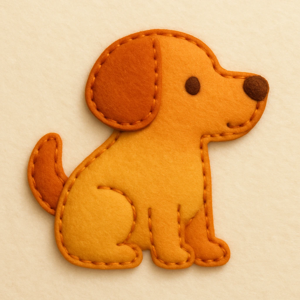 Minimal felt appliqué icon of a dog with soft, handcrafted felt look, lightly padded forms, simple shapes, clean outlines, medium-thickness orange or brown stitched edge, soft matte felt texture, warm yellows, oranges, and browns, small round eyes, simple nose, minimal mouth, subtle shadows, soft lighting, front or side profile, neutral off-white background emoji