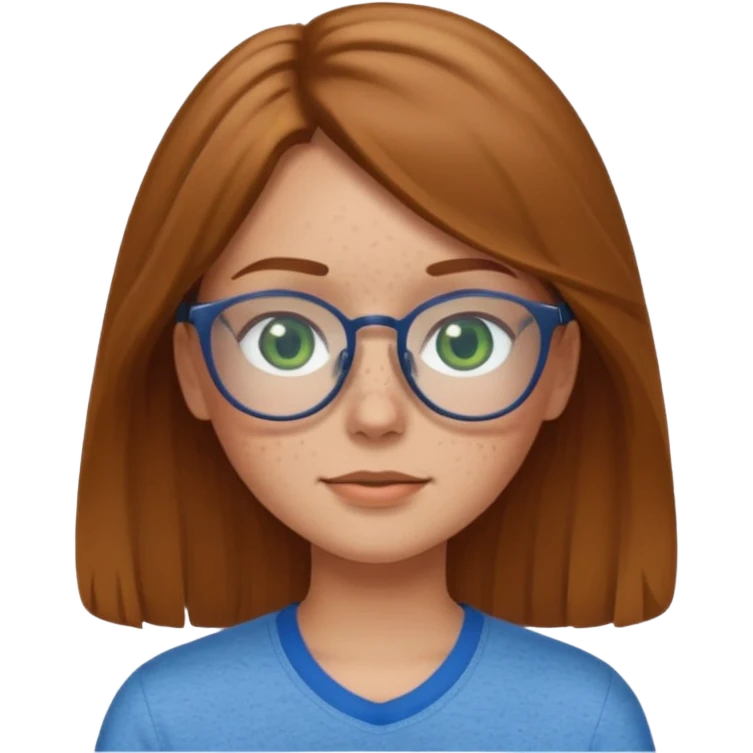 Create an emoji of a girl with light brown hair medium length hair, green eyes, freckles, glasses and wearing a blue shirt emoji