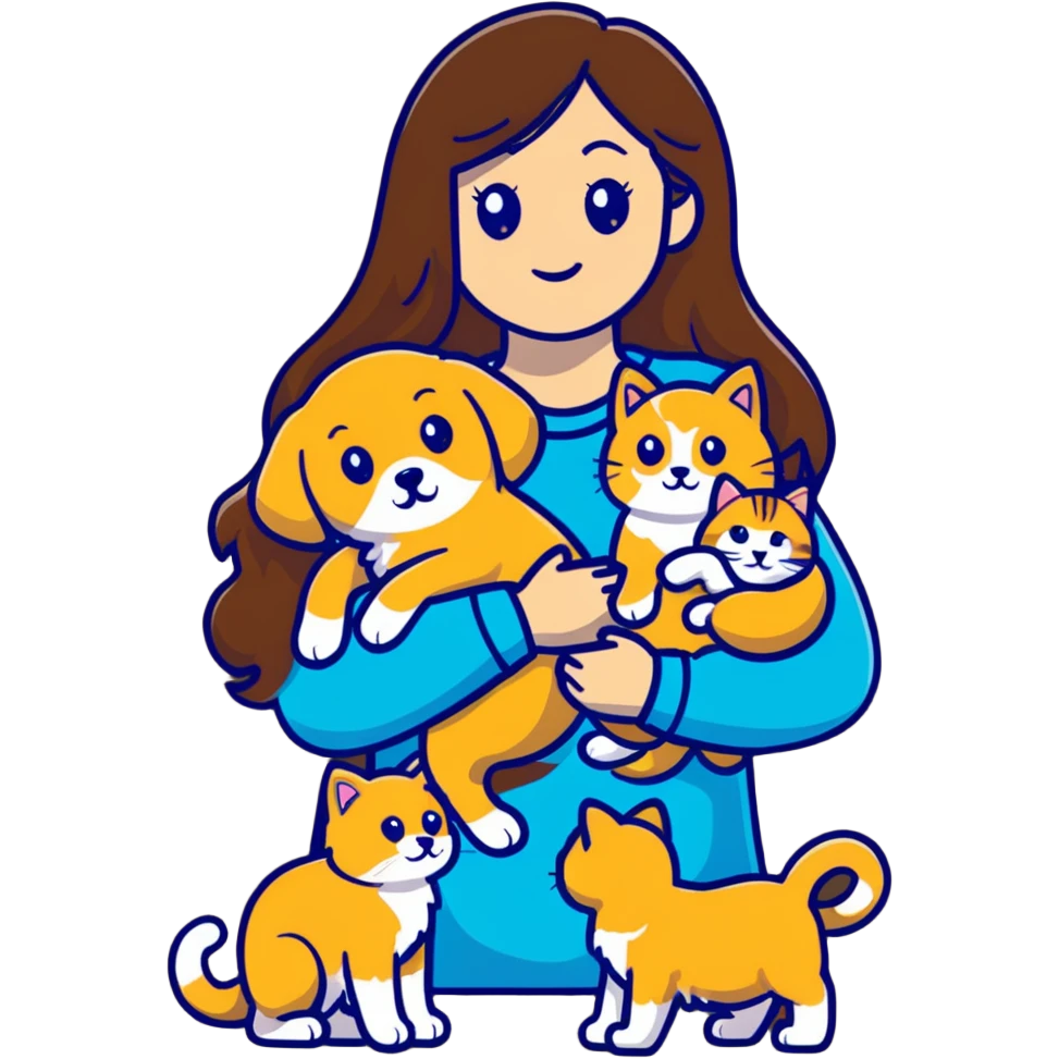 Beautiful woman with long brown hair holding a golden retriever and three cats emoji
