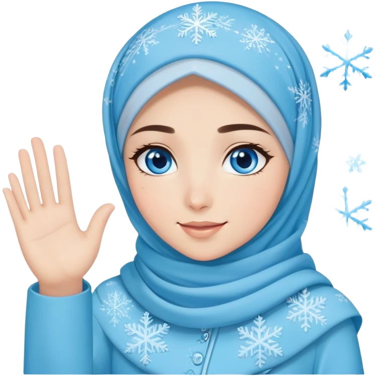 Turkish beautiful finish Konya girl blue eyes with light blue winter design hijab islamic dress and had on her hand snowflakes and she wave one's hand emoji
