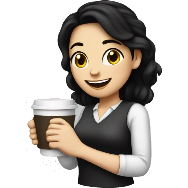 White girl with black hair and a coffe cup on the hand and smiling  emoji