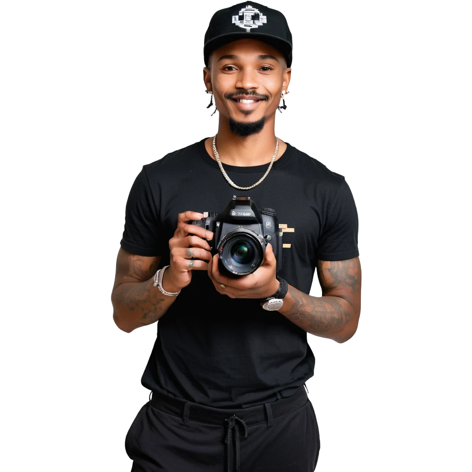 A young, black, South African, male cinematographer dressed in a black round neck t-shirt, black pants and black baseball cap holding a mirrorless dslr camera in one hand. Dark brown eyes. Bright white smile. Minimal facial hair — a small moustache connected to a goatee. Arms covered in tattoos. emoji
