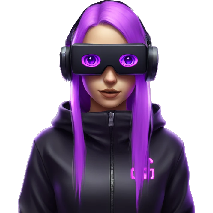 Russian girl wearing black hoody with violet letters "OMG", in vr headset. Cyberpunk style. Violet neon. emoji