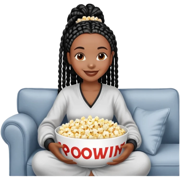 A dark-espresso skinned Black woman with black box braids, holding a large bowl of popcorn in her lap, smiling, wearing comfy loungewear sitting on couch. emoji