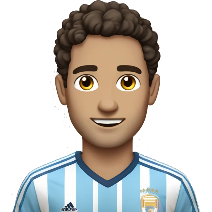 Slender, dark-haired man, around 30 to 40 years old, brown eyes, short hair on the sides, slightly longer and somewhat curly on top, waving friendly while wearing an Argentina national team jersey emoji