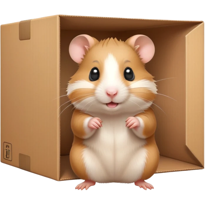  A very cute young  hamster  with one's head tilted to one side poked its paws out of the cardboard big box and placed them on top of it emoji