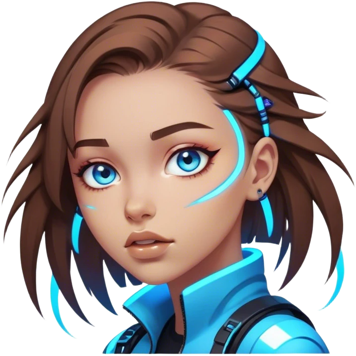 Neon cyberpunk style 
girl with brown hair and blue eyes 
falls emoji