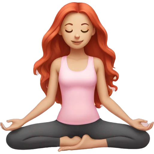 girl with long red hair in a baby pink outfit doing yoga emoji