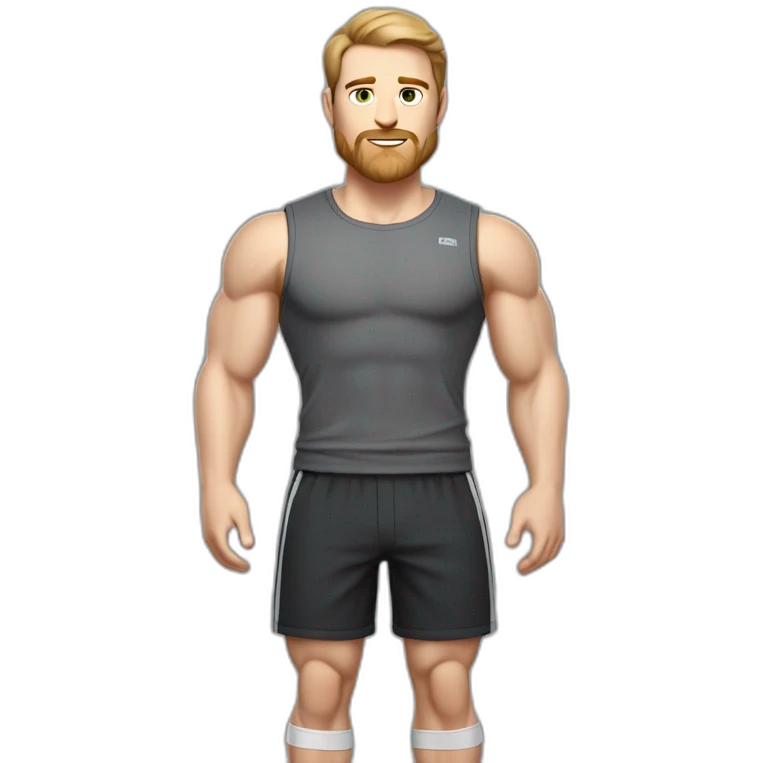 Full height Pale skinned muscular man With Realistic eyes and mouth, light brown hair and stubble In dark gray sleeveless mike, black oversize sports shorts, watch and white sneakers. emoji