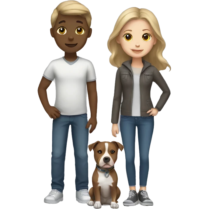 Boy with brown hair and blonde girl with a grey pitbull emoji